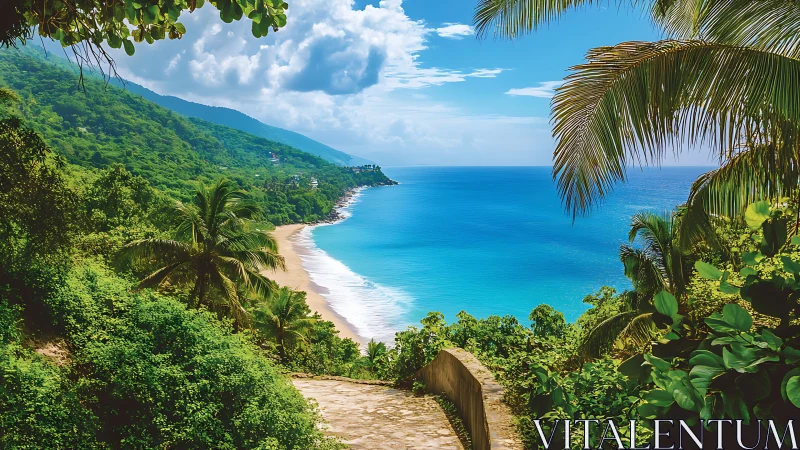 Tropical Coastline with Verdant Cliffs Meeting Azure Ocean.