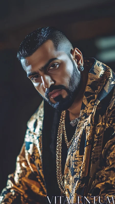 Portrait shows man in patterned gold jacket under low light