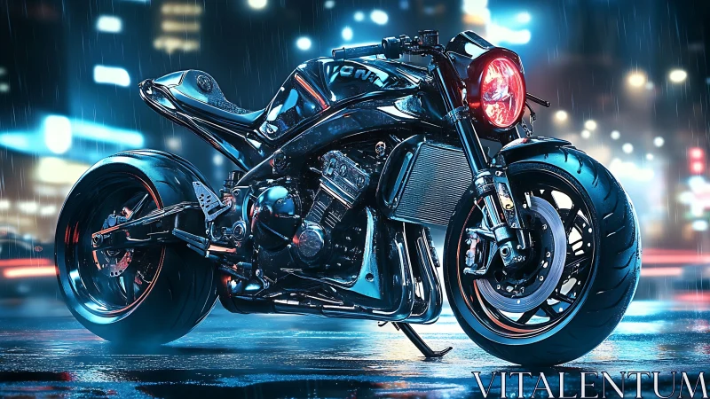 Custom cyber-noir motorcycle rendered in neon rain-soaked cityscape