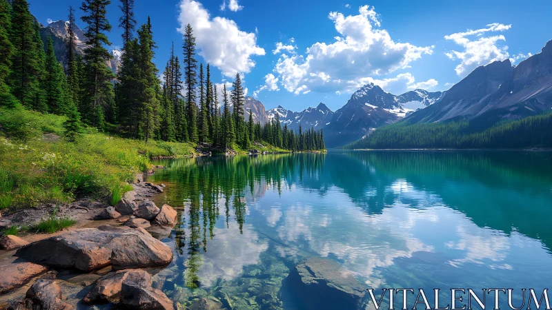 Alpine conifer shoreline mirrored in turquoise glacial lake