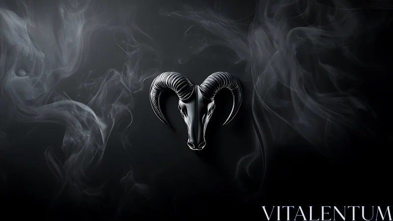 Polished ram skull emblem with volumetric smoke on matte black