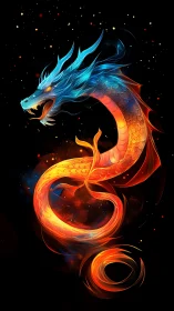 Fiery neon dragon swirling against deep black space.