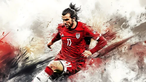 Dynamic soccer player surges forward in vivid red motion