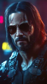Cyber-noir portrait of scarred mercenary in neon rim light
