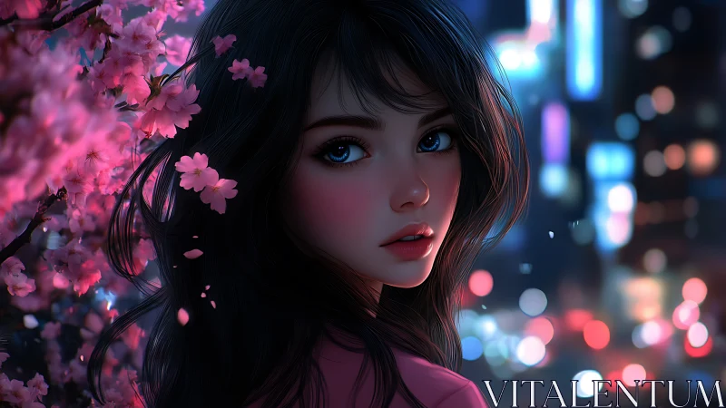 Neon city blossoms frame a wistful girl in twilight glow.