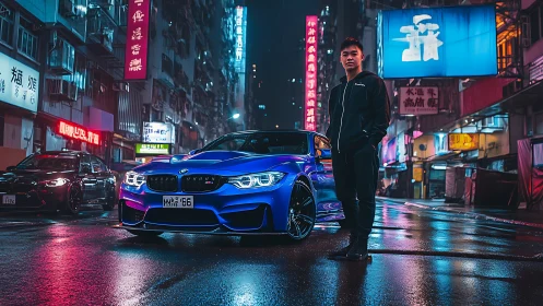 Blue sports car and driver on neon city street at night.