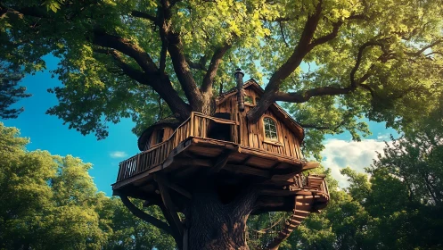 Elevated wooden treehouse structure set within dense canopy