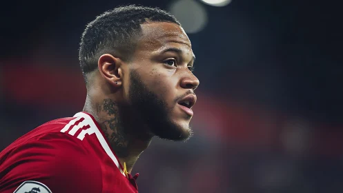 Focused footballer in red kit under stadium floodlights.