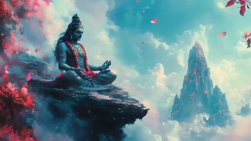 Serene blue deity in lotus pose on rocky ledge in clouds.