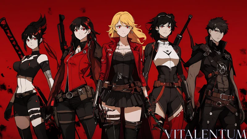 Anime strike team lineup against red tactical backdrop.