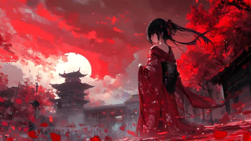 Girl in red kimono in dramatic crimson temple scene.