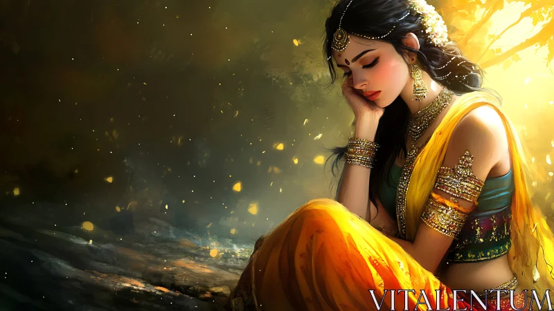 Golden dusk reverie of a jeweled, sari-clad dreamer.