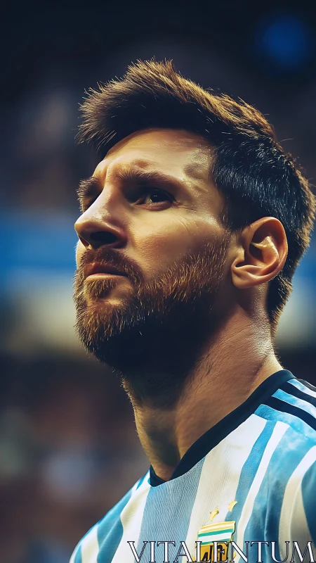 Focused footballer in striped jersey under stadium lights.
