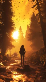 Backlit tactical silhouette in volumetric forest sunset field.