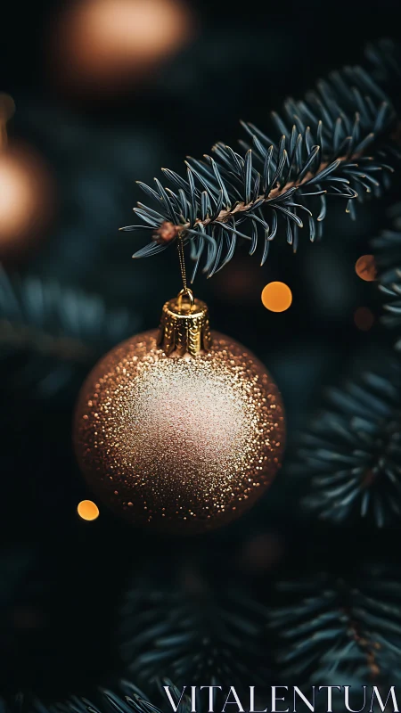 Gold Christmas bauble hangs from fir branch with soft bokeh