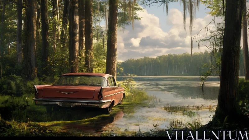 Vintage red sedan parked beside quiet forest lake shore.