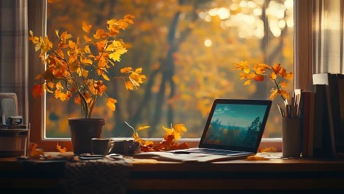 Autumn-lit window desk with laptop, foliage, and study tools