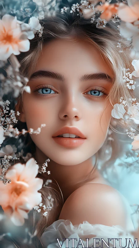 Ethereal floral portrait with soft blue-orange color harmony.