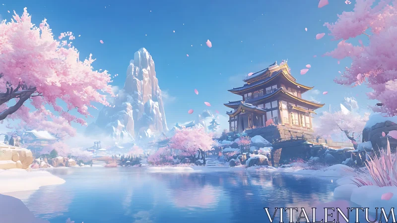 Serene cherry blossom temple beside reflective blue river.