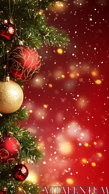 Glistening Christmas baubles glow against a rich red bokeh