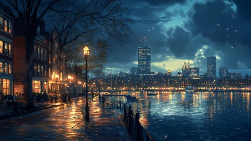 Urban waterfront promenade at dusk with lit city skyline.