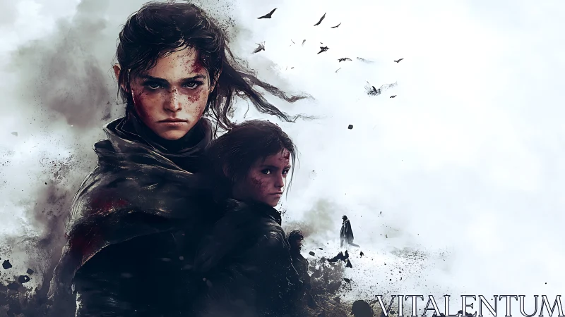 Battle-worn siblings in windswept desaturated battlefield haze.