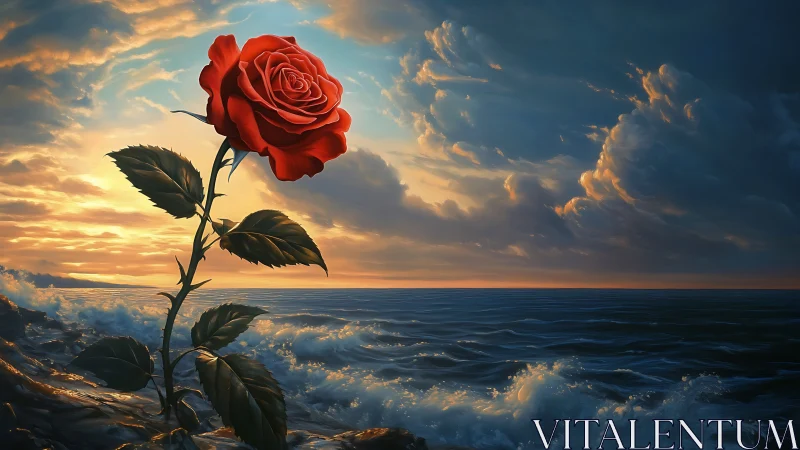 Surreal red rose rising over stormlit ocean horizon at dusk.