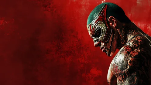 Masked tattooed fighter against textured red background.