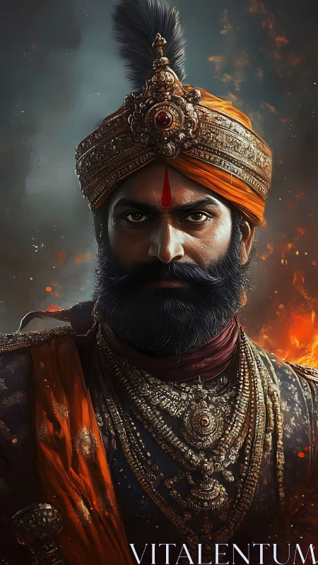 Regal warrior in ornate turban stares forward amid embers