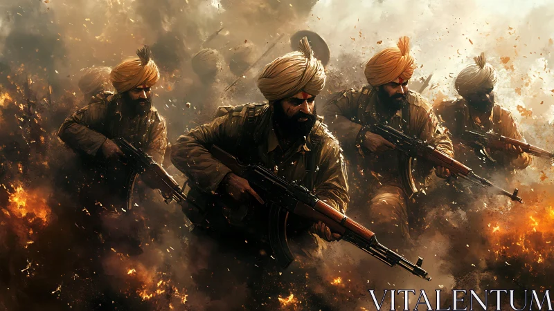 Turbaned infantry unit advancing through active battlefield.