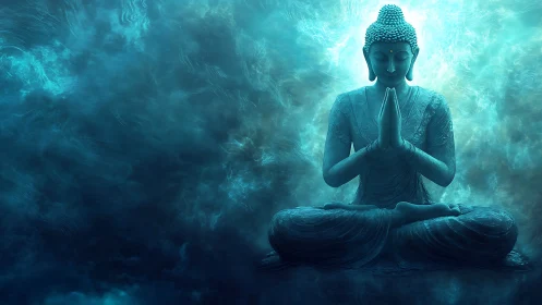 Luminescent meditative Buddha amid cyan volumetric nebula.
