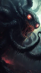 Eldritch tentacled horror emerging from fiery abyss.