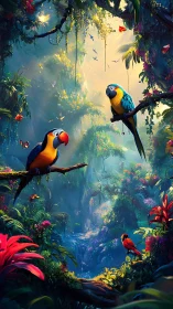 Colorful parrots in lush tropical rainforest clearing.