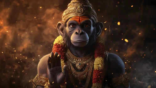 Divine simian deity in ornate regalia amid embers and smoke.