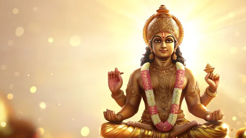 Four-armed Hindu deity seated against radiant golden light