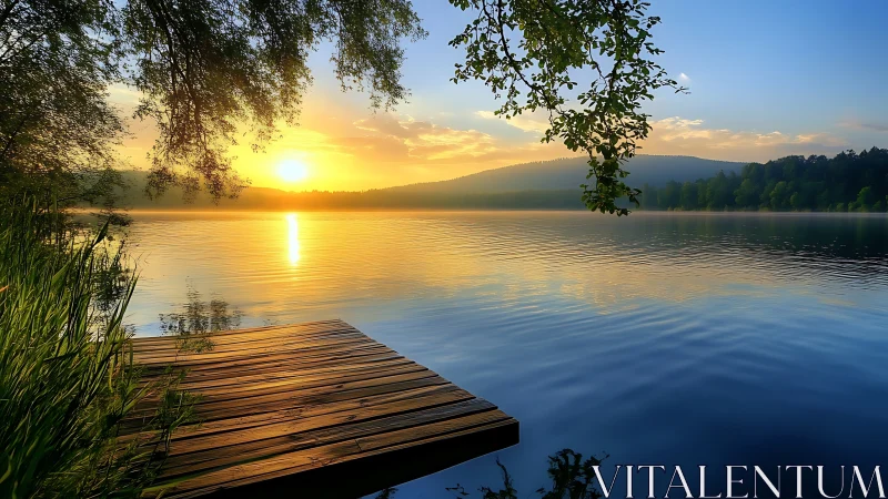 Sunrise over calm lake with wooden dock and shoreline trees.