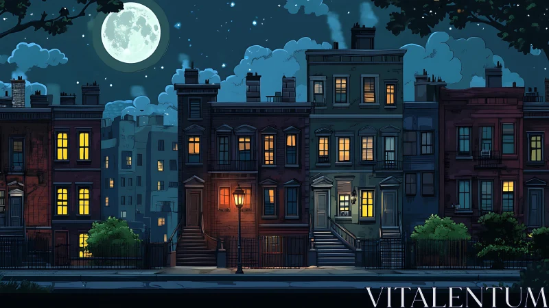 Row houses stand beneath full moon in stylized night scene