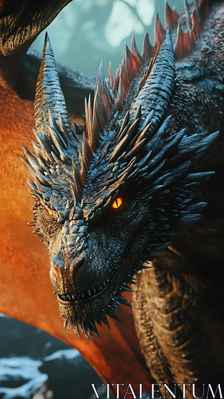 Molten-eyed dragon in razor-scaled cinematic close-up.