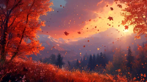 Autumn hillside with distant snowy mountains at sunset.