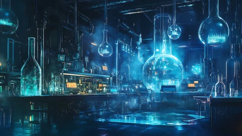 Neon alchemy lab of glass giants and humming data ghosts.