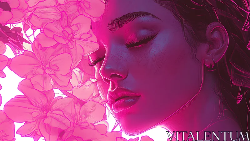 Neon pink portrait merges serene woman with orchid bloom field.