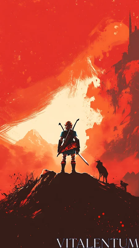 Lone warrior greets a blazing red horizon before battle