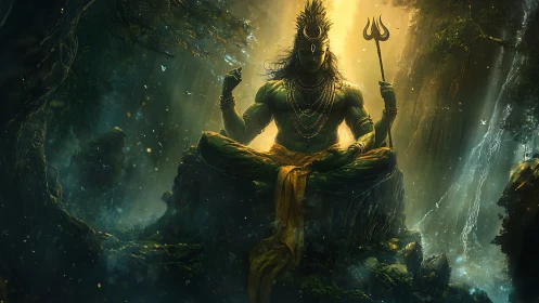 Meditating multi-armed figure in forest with trident staff.