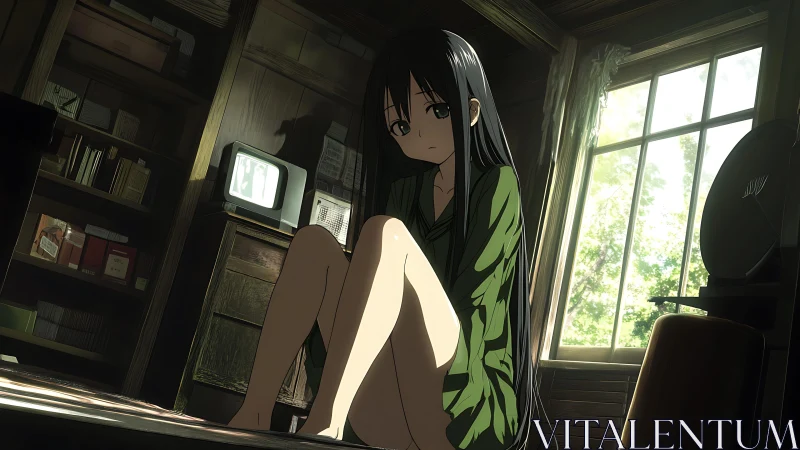 Solitary figure seated in dim interior near bright window