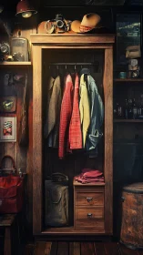 Cozy wooden wardrobe of travel memories and gentle style.