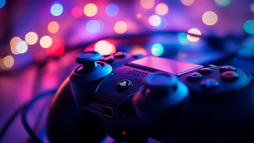 Game controller close-up under neon bokeh lights.