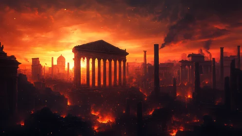 Ancient Roman temple ruins engulfed in apocalyptic inferno