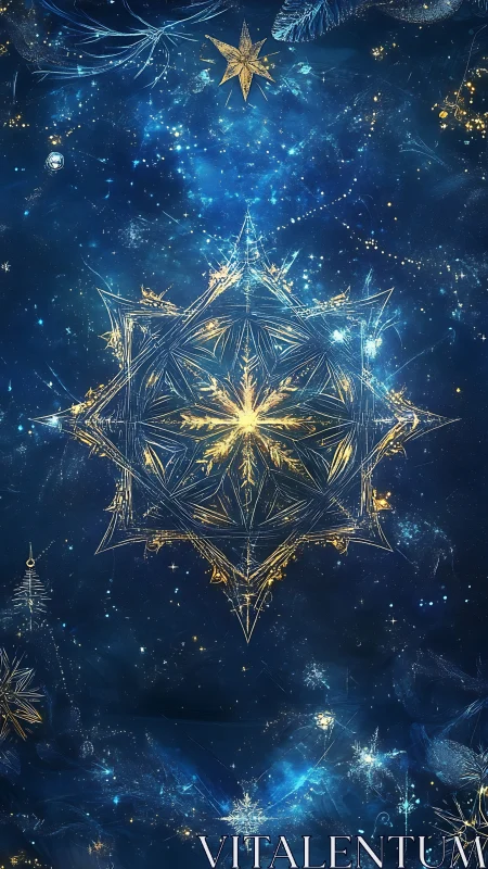Starlit golden snowflake drifts softly in a deep night sky