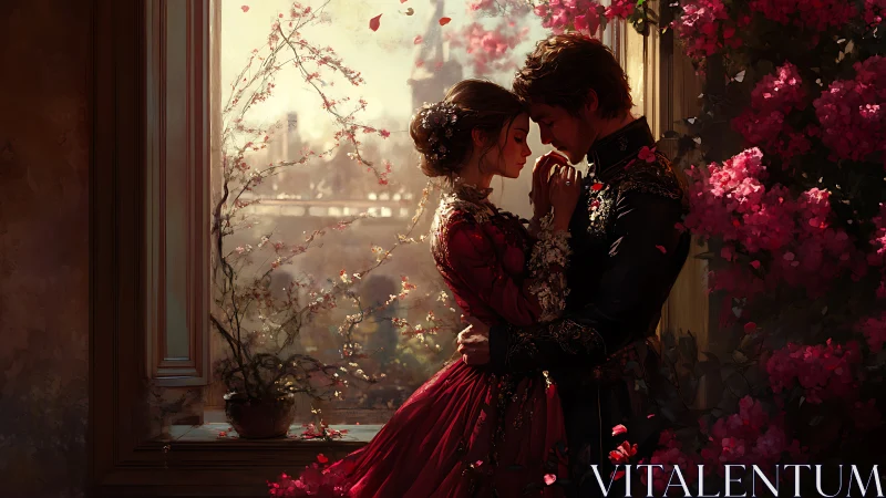 Two figures in formal period dress positioned at window with floral surroundings