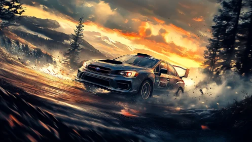 Rally car slashes wet mountain track under blazing sunset